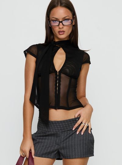 Princess Polly Lower Impact Anistasia Mesh Keyhole Corset Top Black