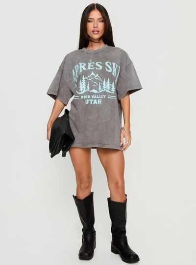 Princess Polly Lower Impact Apres Ski Valley Oversized Graphic Tee Charcoal