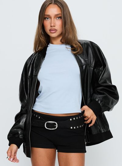 Princess Polly Lower Impact Believe It Faux Leather Bomber Jacket Black