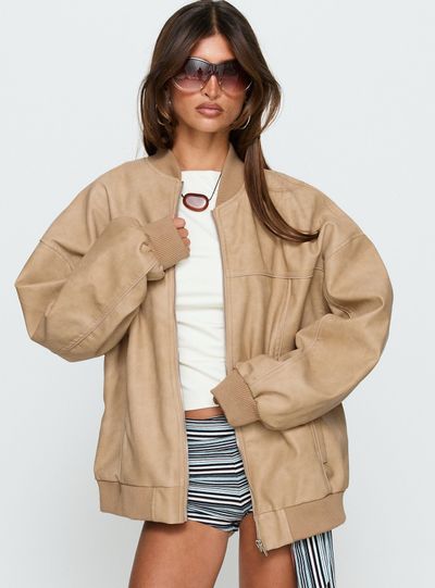 Princess Polly Lower Impact Believe It Faux Leather Bomber Jacket Washed Stone