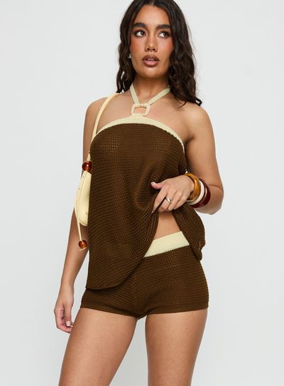Princess Polly Lower Impact Contradiction Knit Shorts Brown / Yellow