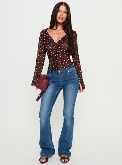 Princess Polly Lower Impact Corazon Sheer Frill Long Sleeve Top Burgundy Polka