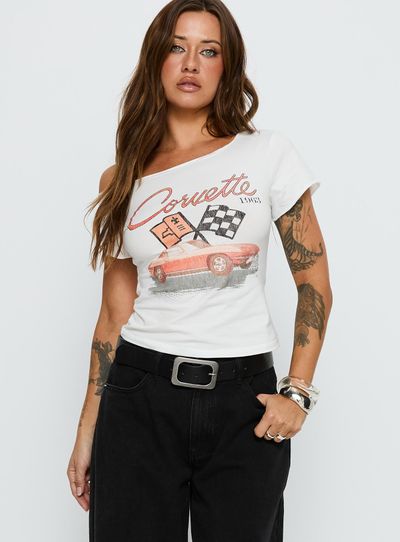 Princess Polly Lower Impact Corvette 1963 Off Shoulder Graphic Top White