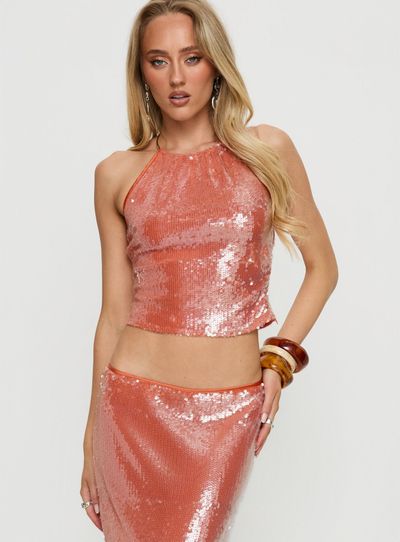 Princess Polly Lower Impact Emalia Halter Sheer Sequin Top Orange