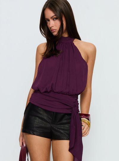 Princess Polly Lower Impact Faythe High Neck Tie Top Berry