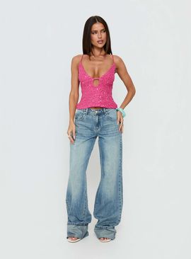 Princess Polly Lower Impact Feel The Vibrations Sequin Top Hot Pink