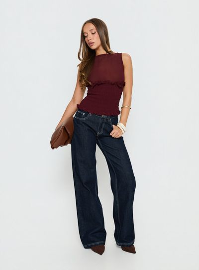 Princess Polly Lower Impact Fever Kiss Chiffon Ruched Top Wine