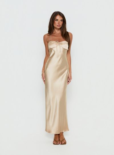 Princess Polly Lower Impact Fireproof Halter Maxi Dress Champagne