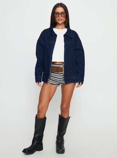 Princess Polly Lower Impact Goldsmith Denim Bomber Jacket Dark Wash