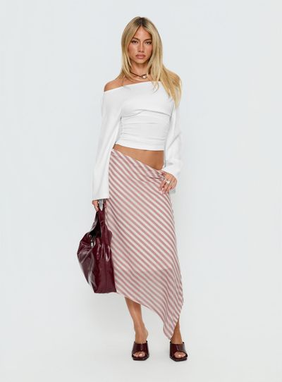 Princess Polly Lower Impact Gwenora Asymmetrical Midi Skirt Pink Stripe
