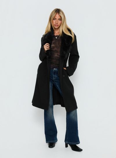 Princess Polly Lower Impact Hallyn Faux Fur Collar Coat Black