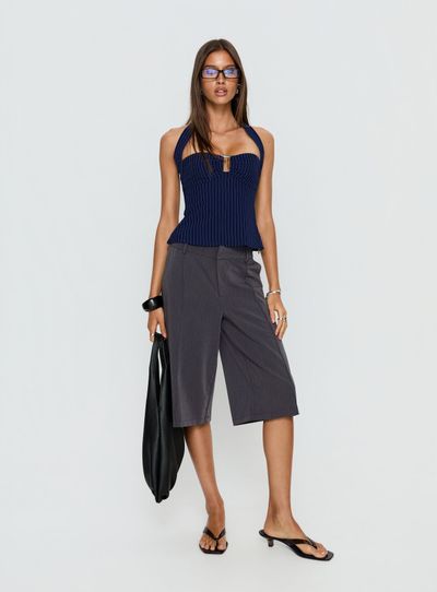 Princess Polly Lower Impact Isabetta Halter Top Navy Pinstripe