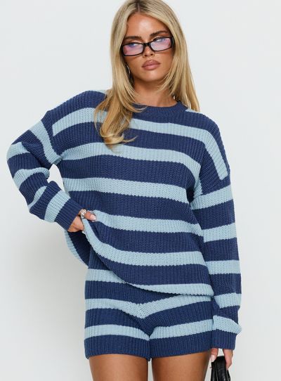 Princess Polly Lower Impact Kealin Crew Neck Knit Sweater Blue Stripe