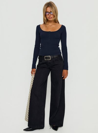 Princess Polly Lower Impact Keslie Long Sleeve Henley Top Navy