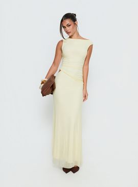 Princess Polly Lower Impact Krystyna Off Shoulder Ruched Mesh Maxi Dress Butter