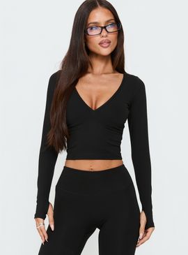 Princess Polly Lower Impact New Horizons Long Sleeve V Neck Top Black