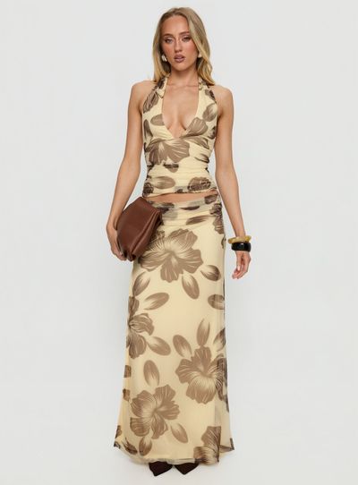 Princess Polly Lower Impact Roselin Mesh Maxi Skirt Brown Floral