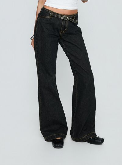 Princess Polly Lower Impact Slow Ride Mid Rise Bootleg Belted Jeans Grunge Wash