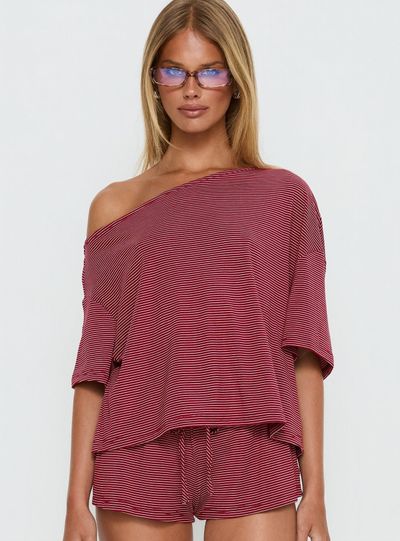 Princess Polly Lower Impact Sugar Surge Off Shoulder Sleep Top Cherry Stripe