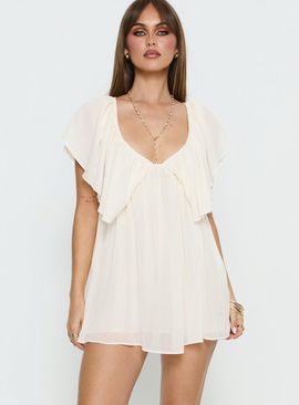 Princess Polly Lower Impact Sun Spirit Plunge Flowy Playsuit Cream