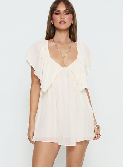 Princess Polly Lower Impact Sun Spirit Plunge Flowy Playsuit Cream