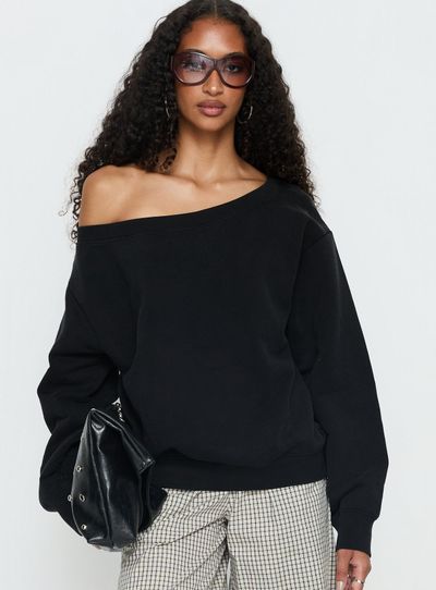 Princess Polly Lower Impact Wellness Off the Shoulder Jumper Washed Black