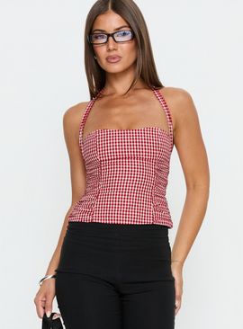 Princess Polly Lower Impact West Coast Love Halter Top Red Gingham