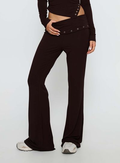 Princess Polly Lower Impact Wynna Eyelet Foldover Pants Chocolate