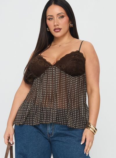 Princess Polly Lower Impact Zami Pleat Top Brown Polka Curve