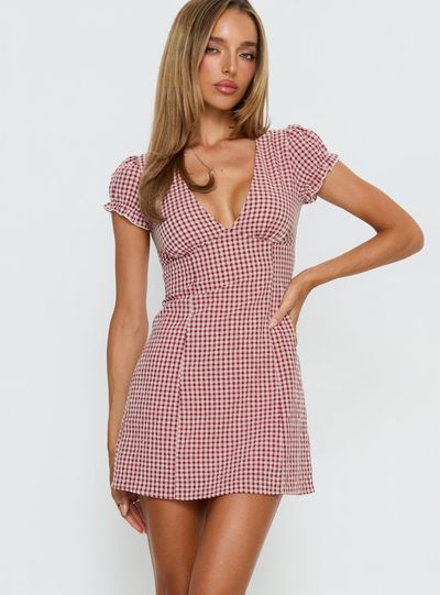 Princess Polly Mystee Plunge Neck Playsuit Burgundy Gingham