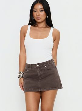 Princess Polly Nicolina Low Rise Denim Mini Skirt Washed Brown