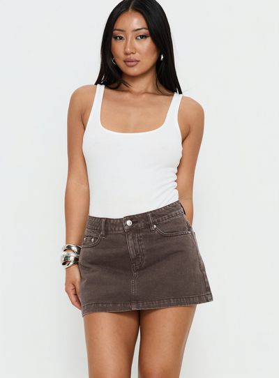 Princess Polly Nicolina Low Rise Denim Mini Skirt Washed Brown