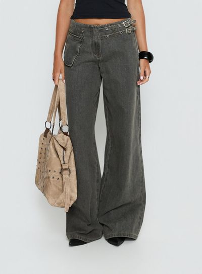 Princess Polly Paltrow Mid Rise Wide Leg Cargo Jeans Washed Grey