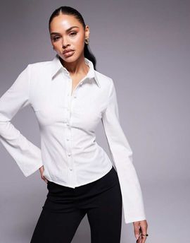Princess Polly Princess Polly Anni flared sleeve button through striped fitted shirt in white