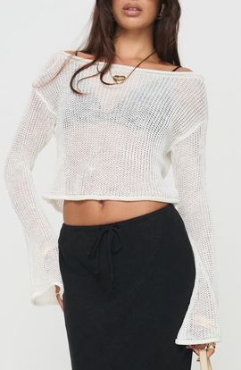 Princess Polly Princess Polly Cafe Pari Open Stitch Off the Shoulder Crop Sweater