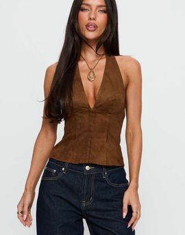 Princess Polly Princess Polly Dalyah faux suede plunge halterneck top in brown