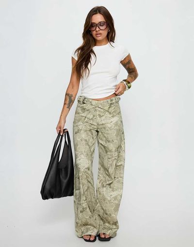 Princess Polly Princess Polly Mckinley cross over belt detail wide leg mid rise jeans in camo print-Multi