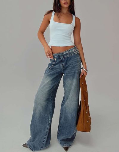 Princess Polly Princess Polly Paltrow mid rise eyelet belt waist detail wide leg jeans in mid blue