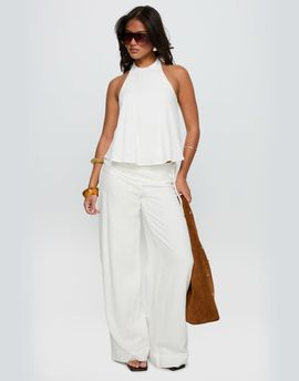 Princess Polly Princess Polly Silver Moon linen blend tie waist detail wide leg pants in white