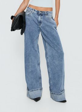 Princess Polly Ramos Diamante Low Rise Wide Leg Jeans Washed Mid Blue