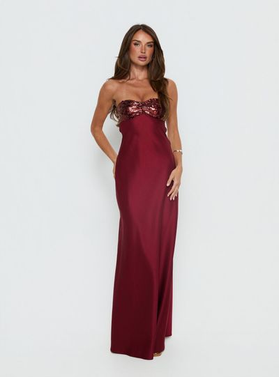 Princess Polly See The Vision Sequin Bust Strapless Maxi Dress Burgundy