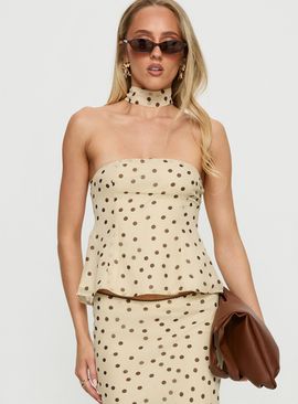 Princess Polly Sydni scarf detail strapless top Yellow / Chocolate Polka Dot