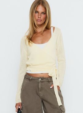 Princess Polly Tonee Sheer Wrap Knit Cardigan Butter Cream