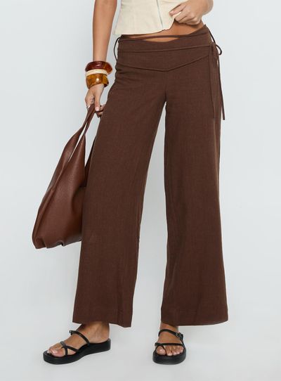 Princess Polly USA Silver Moon Linen Blend Tie Pants Brown Petite