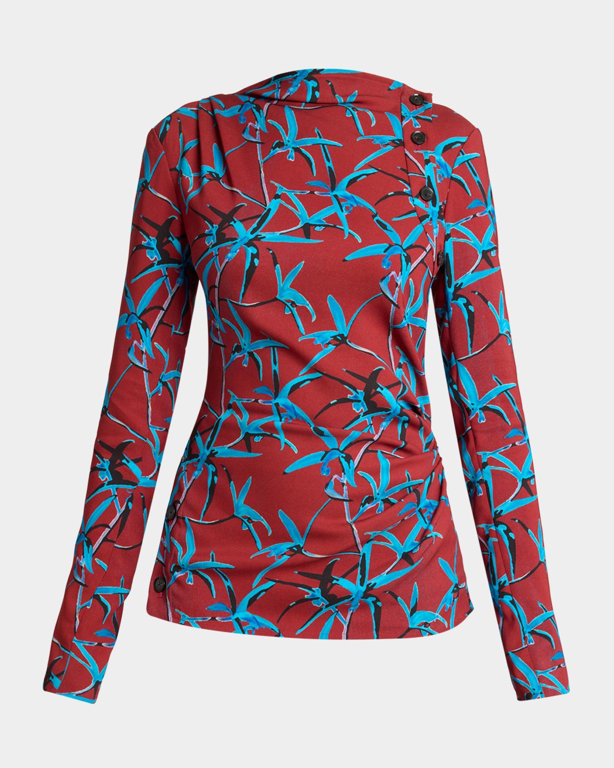 Proenza Schouler Anais Floral-Print Button-Shoulder Long-Sleeve Top