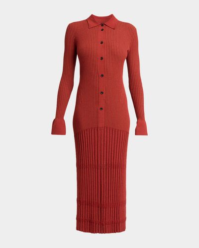 Proenza Schouler Rosario Wool Rib Drop-Waist Button-Front Midi Dress