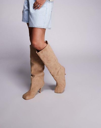 Public Desire Public Desire Bordeaux ruched heeled knee boots in sand faux suede-Brown
