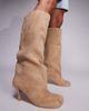 Public Desire Public Desire Bordeaux ruched heeled knee boots in sand faux suede-Brown - 4