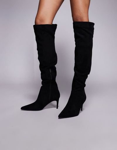 Public Desire Public Desire Ellen pointed toe heeled knee boots in black faux suede