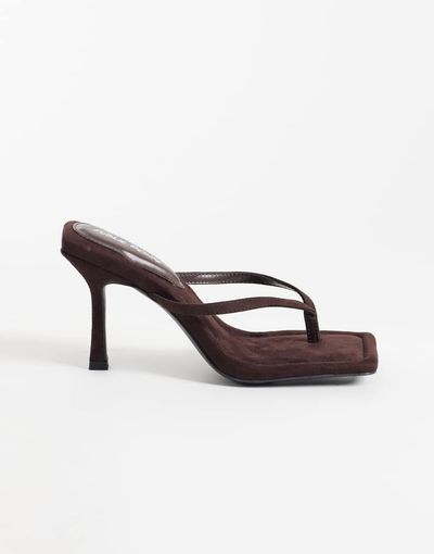 Public Desire Public Desire Maple toe thong heeled sandals in chocolate suedette-Brown